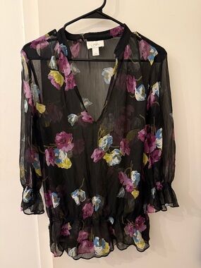 LOFT Black Sheer Floral V-Neck Blouse with Purple & Blue Blooms